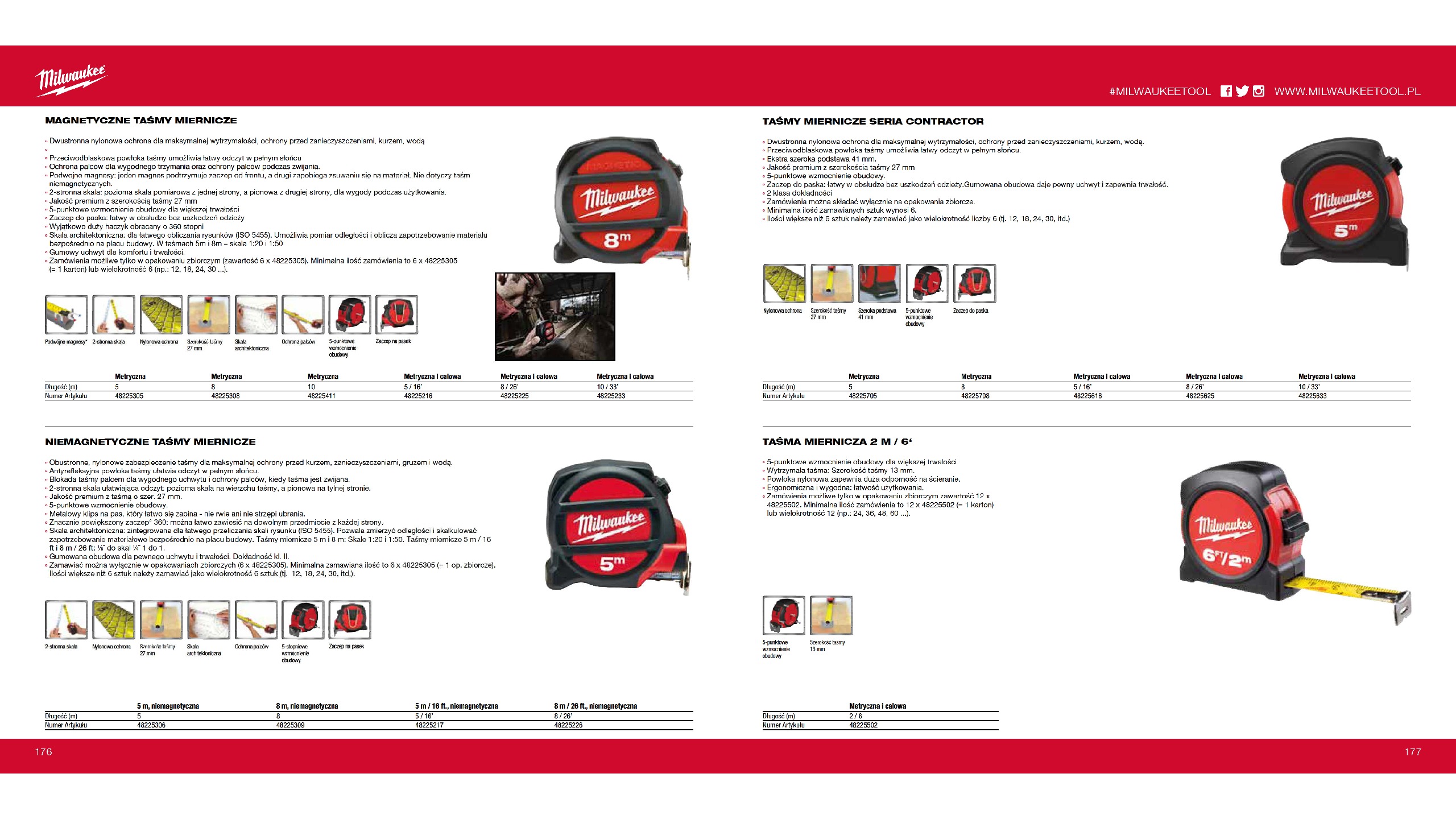 Taśmy miernicze, narzędzia ręczne, torby, osprzęt, itp.