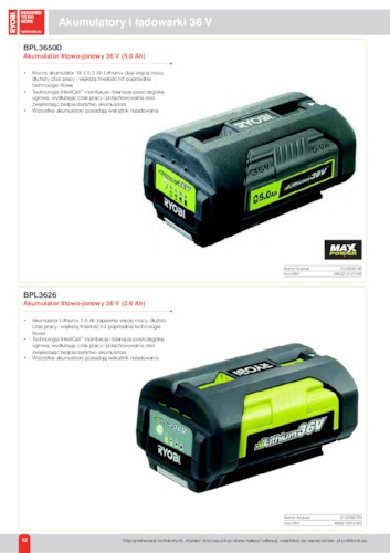 Narzędzia bezprzewodowe - Akumulatory i ładowarki 36 V